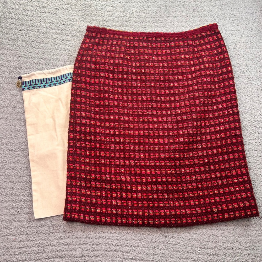 New Tory Burch Metallic Tweed Mini Skirt Burgundy Red Gold 4 Old Money Preppy